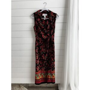 Sag Harbor Womens‎ Wrap Dress Black Red Floral Pointed Collar Size 12 Tall 0304